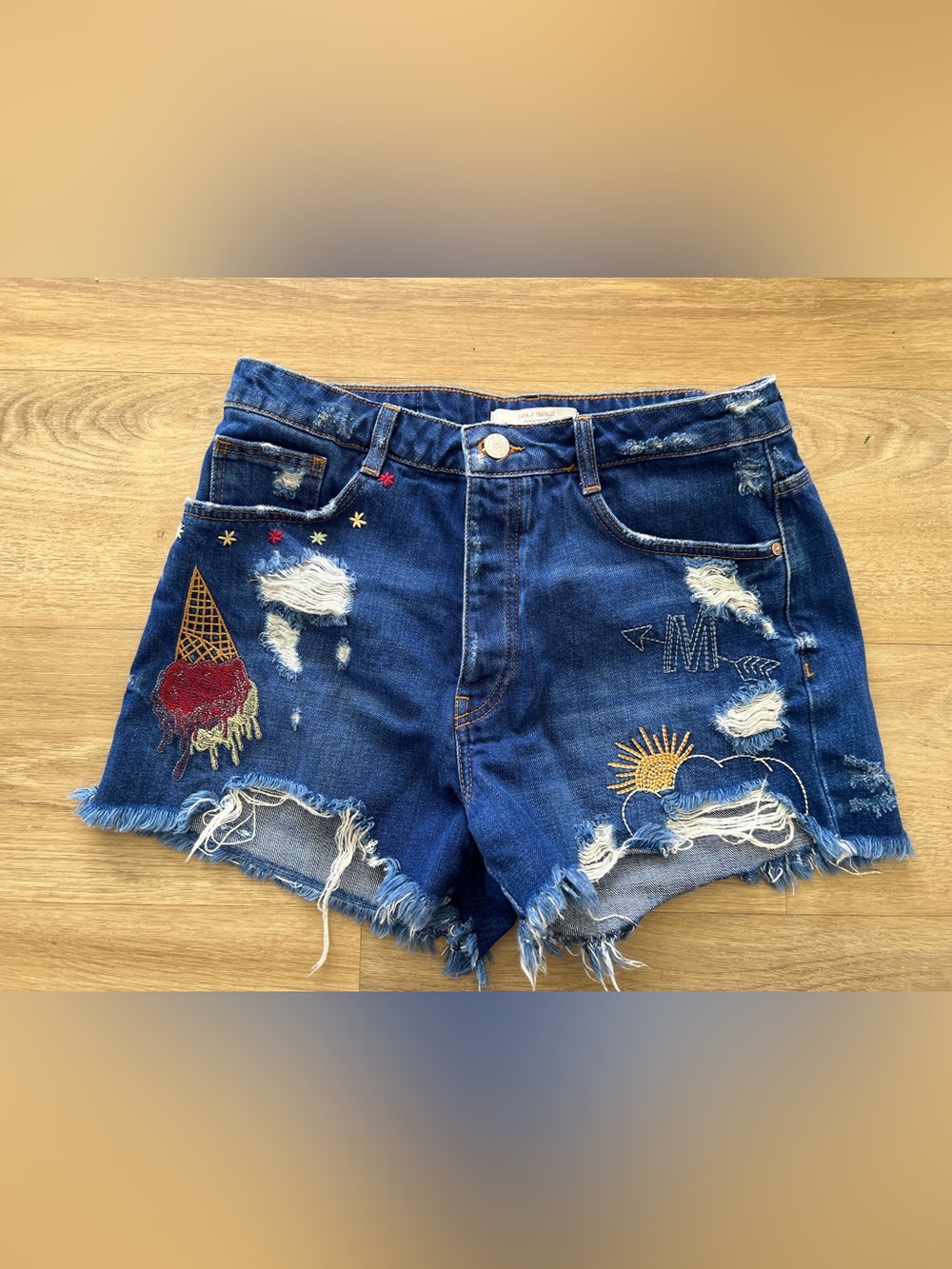 Zara Embroidered Blue Denim Shorts with Distressed Hem